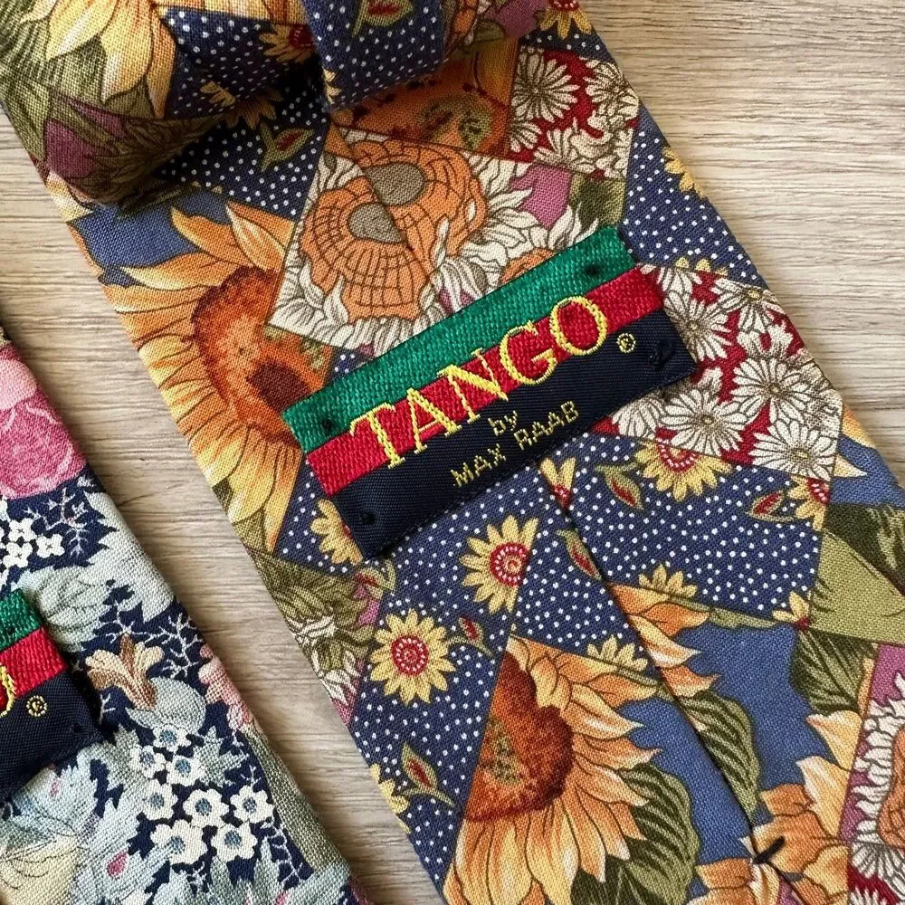 Vintage Y2K Tango Max Raab Woven Cotton Floral Print Ties (2) Made in USA